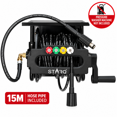 STARQ Wall Mounted Pressure Washer Stand with 15 Metre Hose Reel, Heavy Duty Metal Stand for Pressure Washer Accessories, Space Saving Wall Mount Storage for Home, Farmhouse, Car Detailing Centre & Workshop