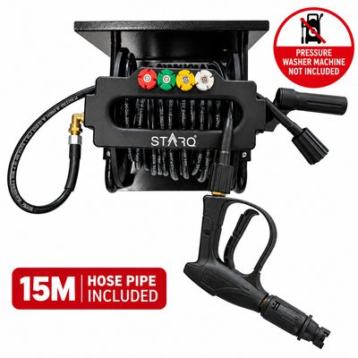STARQ Wall Mounted Pressure Washer Stand with 15 Metre Hose Reel, Heavy Duty Metal Stand for Pressure Washer Accessories, Space Saving Wall Mount Storage for Home, Farmhouse, Car Detailing Centre & Workshop