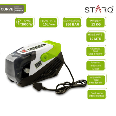 Starq curve High Pressure Washer, Car Washer, 3000 Watts Motor, 350 Bars, 15L/Min Flow Rate, 10 Meters Outlet Hose, Portable, Car, Bike & Home Cleaning