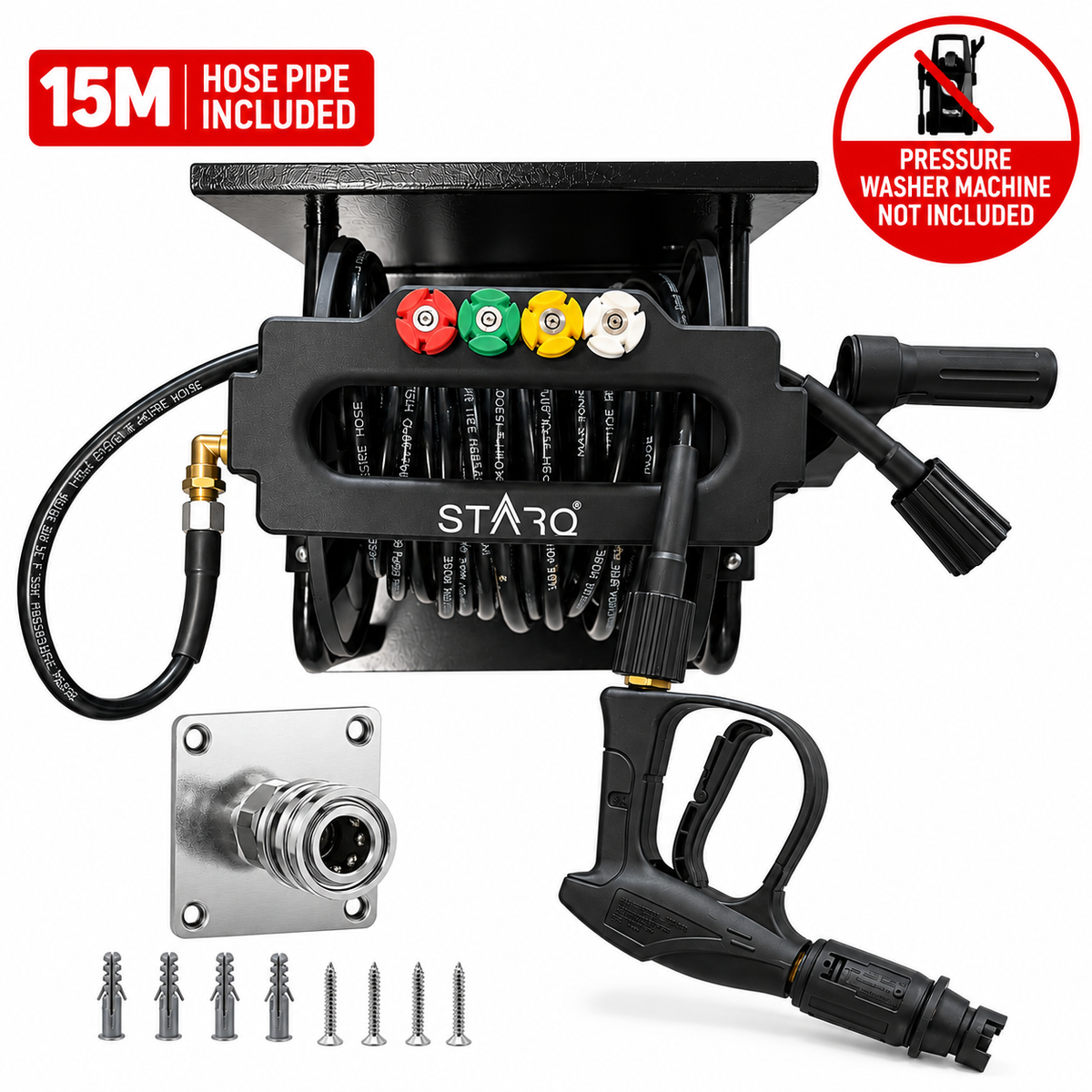STARQ Wall Mounted Pressure Washer Stand with 15 Metre Hose Reel, Heavy Duty Metal Stand for Pressure Washer Accessories, Space Saving Wall Mount Storage for Home, Farmhouse, Car Detailing Centre & Workshop