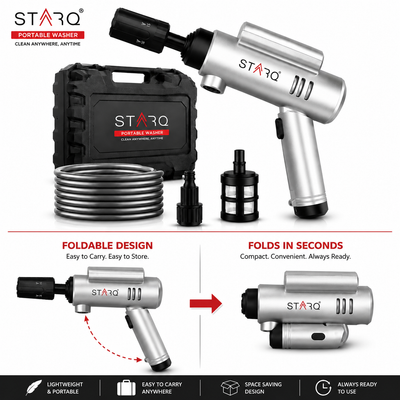 STARQ TurboFold Cordless Pressure Washer Gun 1.8 MPa Portable High Pressure Car Washer with 5 in 1 Rotating Nozzle High Speed Motor 4000mAh Type C Rechargeable Battery for Car Bike Home Cleaning