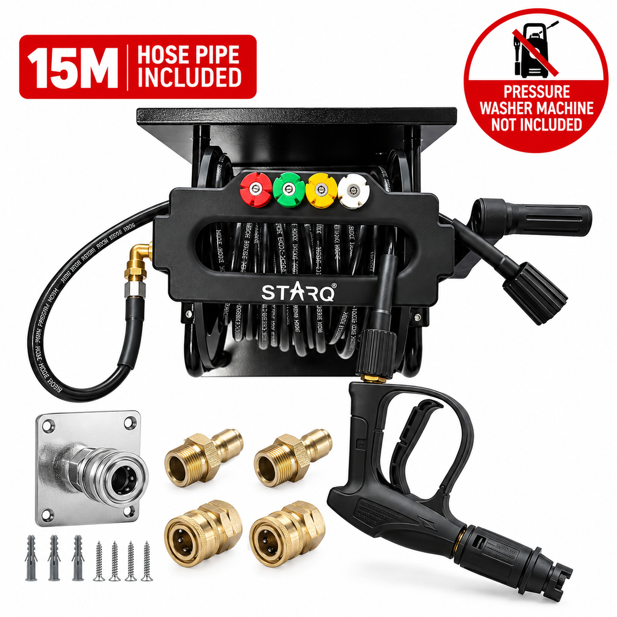 STARQ Wall Mounted Pressure Washer Stand with 15 Metre Hose Reel, Heavy Duty Metal Stand for Pressure Washer Accessories, Space Saving Wall Mount Storage for Home, Farmhouse, Car Detailing Centre & Workshop