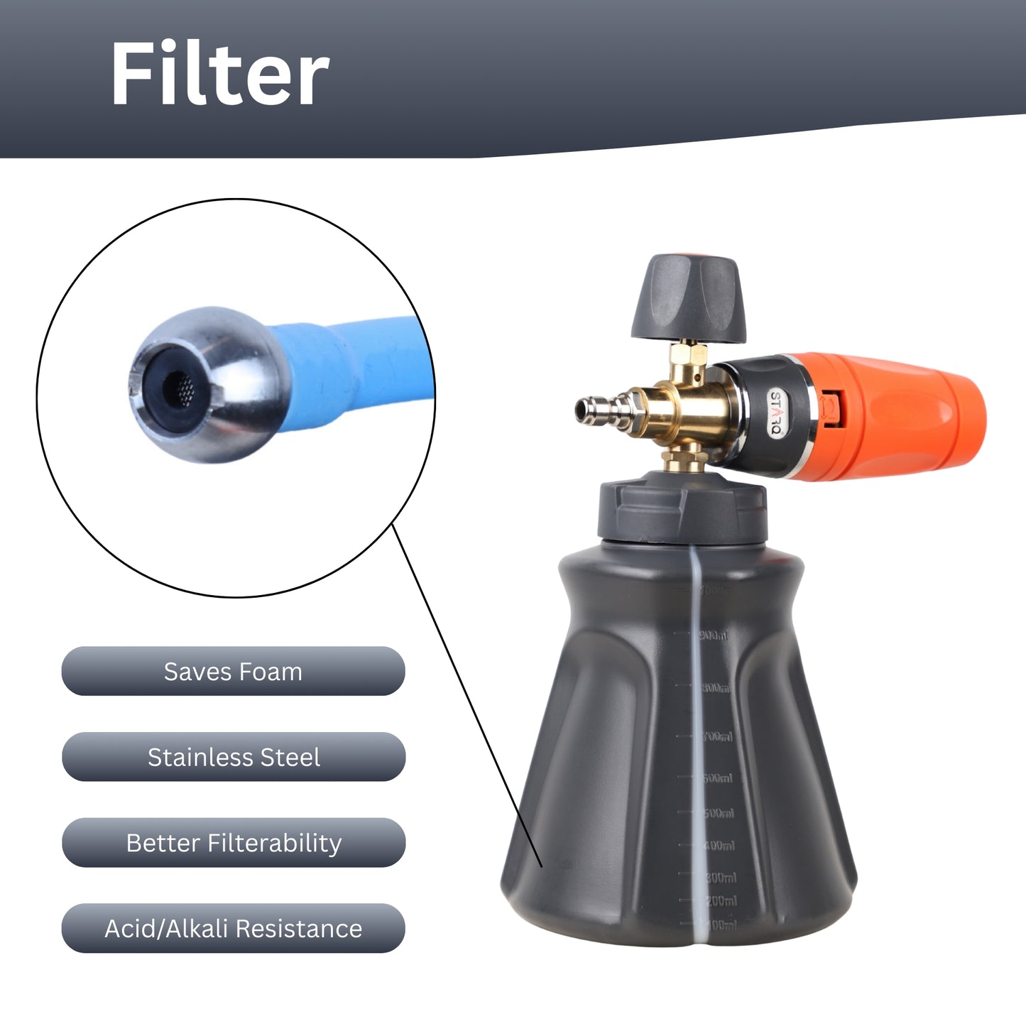 STARQ FoamMaster Heavy-Duty Foam Cannon for Pressure Washer, Pre-Installed Mesh and Orifice with Extra Set Included, Adjustable Spray Nozzle, Brass Connector, Thick Snow Foam for Car and Bike Cleaning