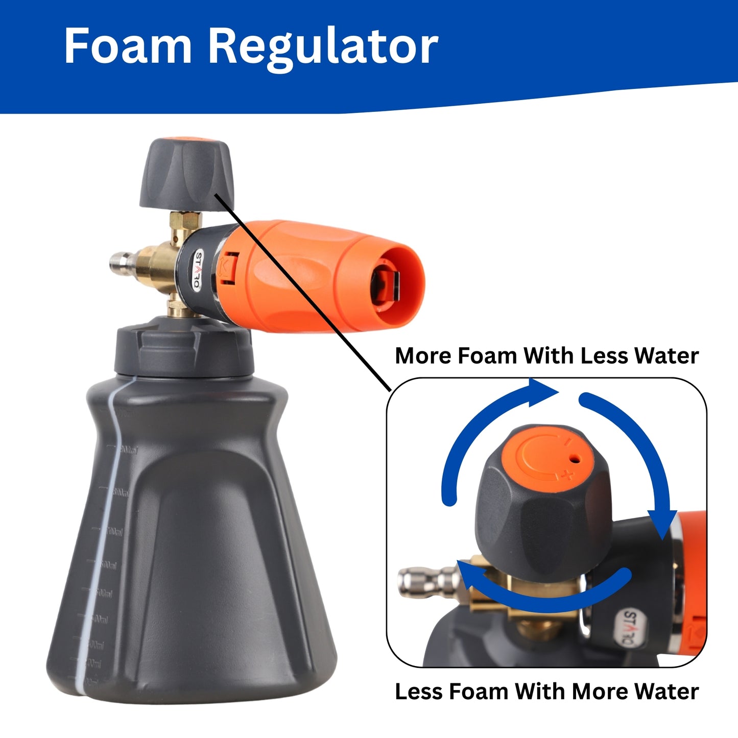 STARQ FoamMaster Heavy-Duty Foam Cannon for Pressure Washer, Pre-Installed Mesh and Orifice with Extra Set Included, Adjustable Spray Nozzle, Brass Connector, Thick Snow Foam for Car and Bike Cleaning