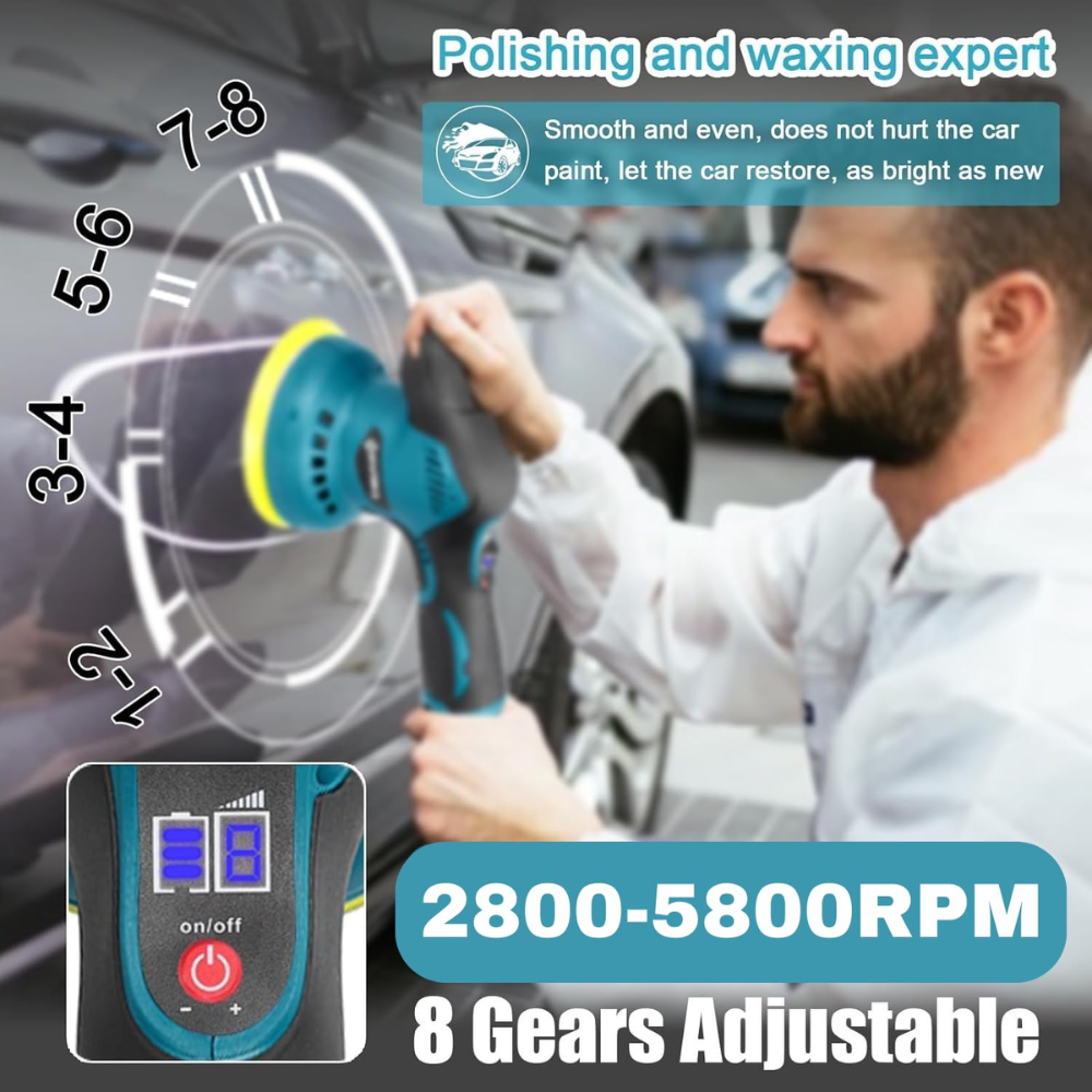 STARQ Cordless Polishing Machine for Car , 12V Cordless, 8 Speed Setting, Variable Speed Control, 2800-5800 RPM, 3500mAh Rechargeable 2 Batteries, Car Polish Machine