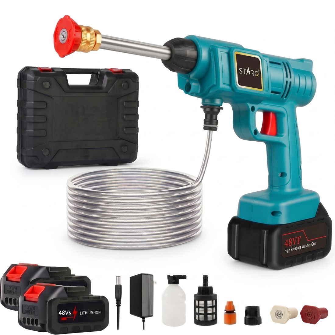 Starq TurboFlow Cordless Portable 48V Wireless Pressure Washer Gun - 12000mAh High Pressure Water Gun for Car and Bike Wash, Brushless Motor, 5M Hose Pipe, Double Battery Included
