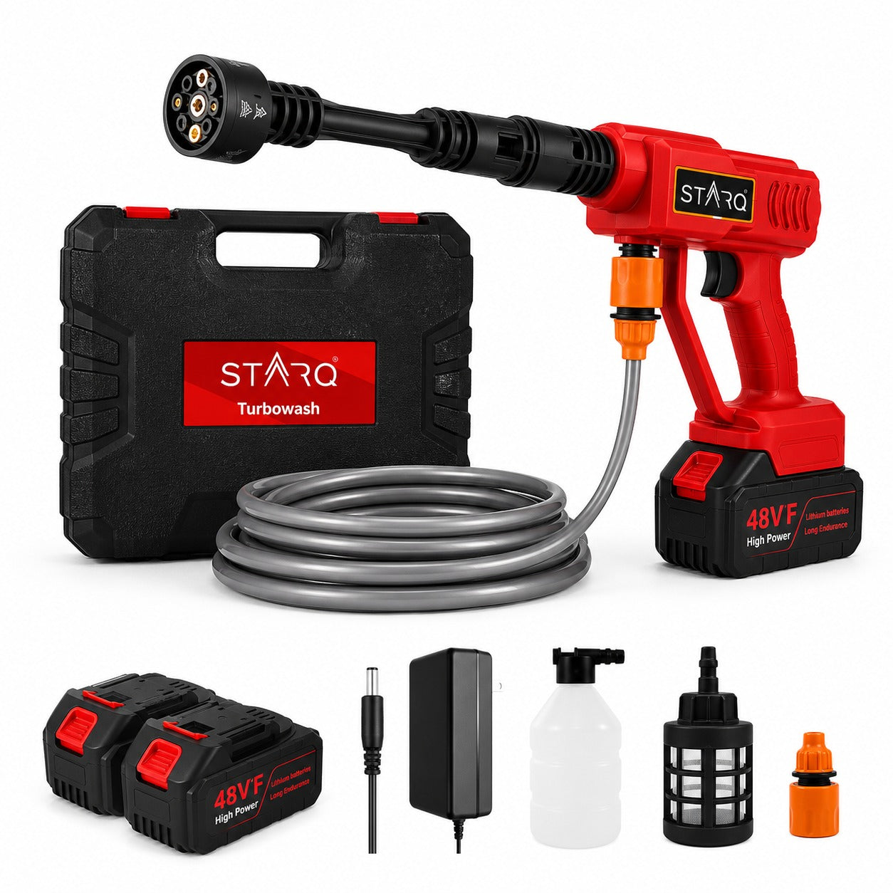 STARQ Turbowash Cordless Portable 48V Wireless Pressure Washer Gun - 12000mAh High Pressure Water Gun for Car and Bike Wash, Adjustable 6 in 1 Nozzle, 5M Hose Pipe, (Double Battery  with Charger)