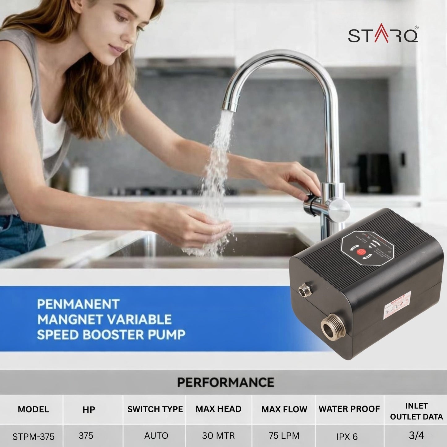 STARQ STPM-375 Inline Automatic Water Pressure Booster & Circulation Pump with PMDC Motor 375W Max Flow 75 LPM Max Head 30m for Hot Water Circulation RO Shower,Geyser,Washing Machine,Dishwasher