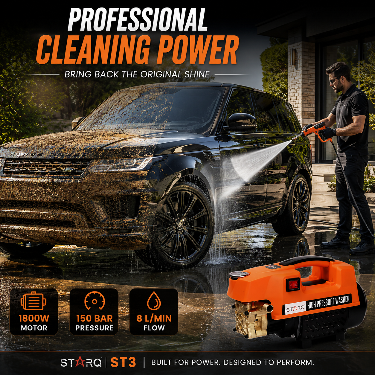 STARQ ST3 1800W Heavy Duty High Pressure Washer 150 Bar, 8L/Min Flow, Brass Coated Pump, Copper Motor Portable Car, Bike, Home, AC & Solar Cleaning Machine
