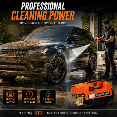 STARQ ST3 1800W Heavy Duty High Pressure Washer 150 Bar, 8L/Min Flow, Brass Coated Pump, Copper Motor Portable Car, Bike, Home, AC & Solar Cleaning Machine