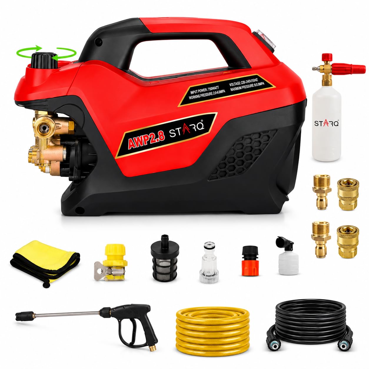 STARQ AWP 2.8 Combo High Pressure Car Washer | 2800W Motor, 350 Bar, 12L/Min Flow, 8M Hose Pipe | Professional 1L Foam Cannon Snow Lance (Red) with Pressure Control Knob