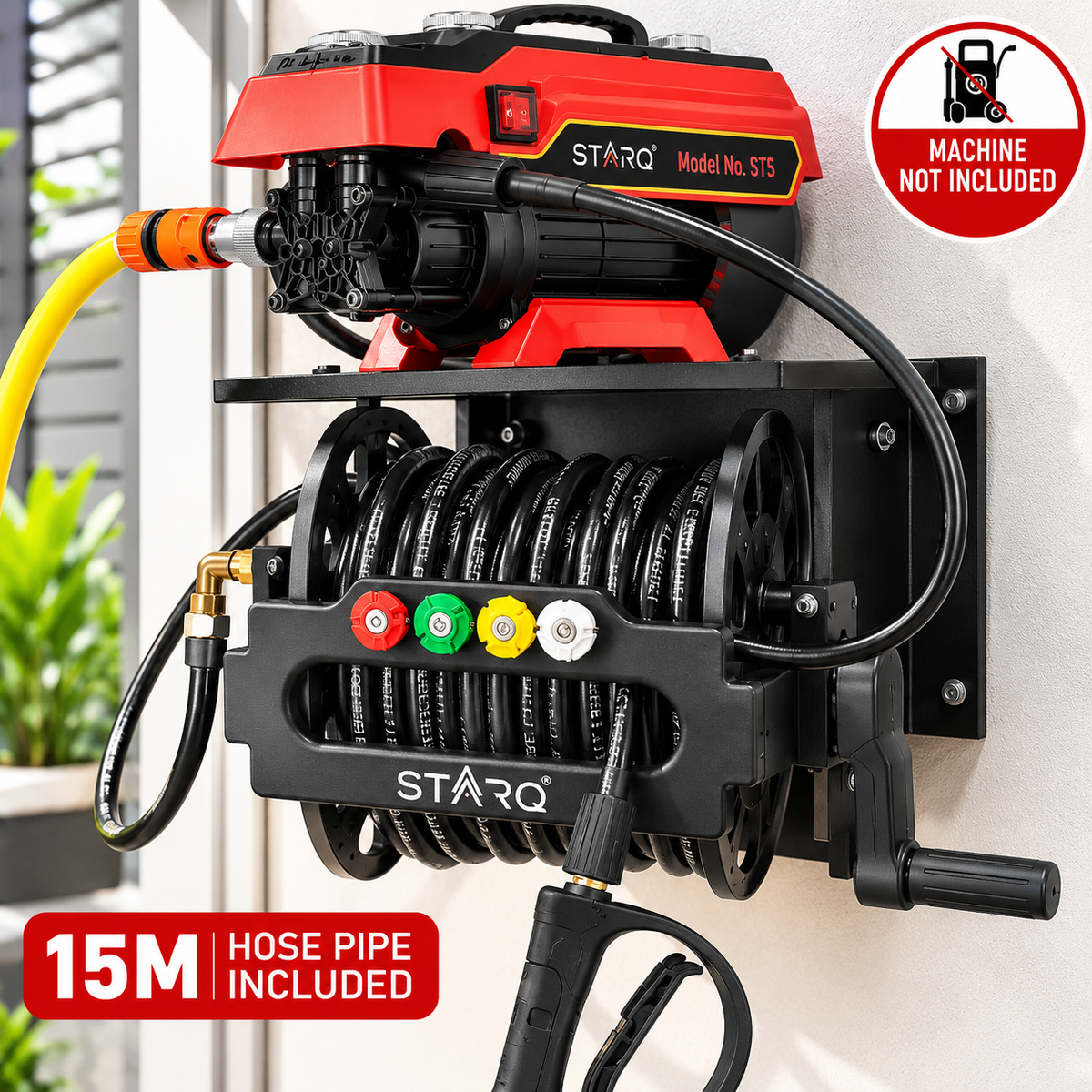 STARQ Wall Mounted Pressure Washer Stand with 15 Metre Hose Reel, Heavy Duty Metal Stand for Pressure Washer Accessories, Space Saving Wall Mount Storage for Home, Farmhouse, Car Detailing Centre & Workshop