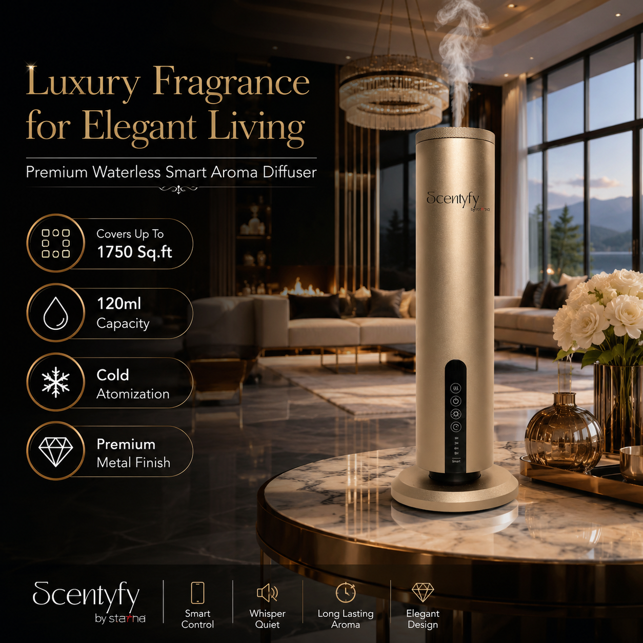 STARQ Aura Luxury Smart Air Scent Diffuser Waterless Aroma Machine Cold Atomization Ultra Quiet No Heat for Office Home Gym & Hotel Includes Complimentary 100ml Starter Pack Perfumes