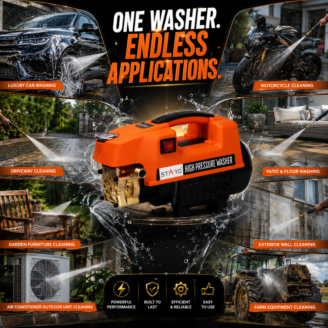 STARQ ST3 1800W Heavy Duty High Pressure Washer 150 Bar, 8L/Min Flow, Brass Coated Pump, Copper Motor Portable Car, Bike, Home, AC & Solar Cleaning Machine