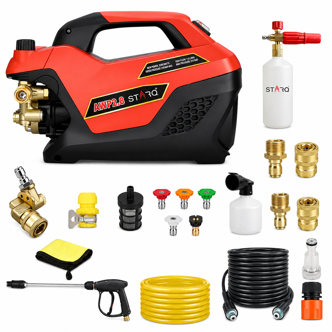 STARQ AWP 2.8 Super Combo High Pressure Car Washer | 2800W Motor, 350 Bar, 12L/Min Flow, 8M Hose Pipe | Professional 1L Foam Cannon Snow Lance (Red) with Pressure Control Knob