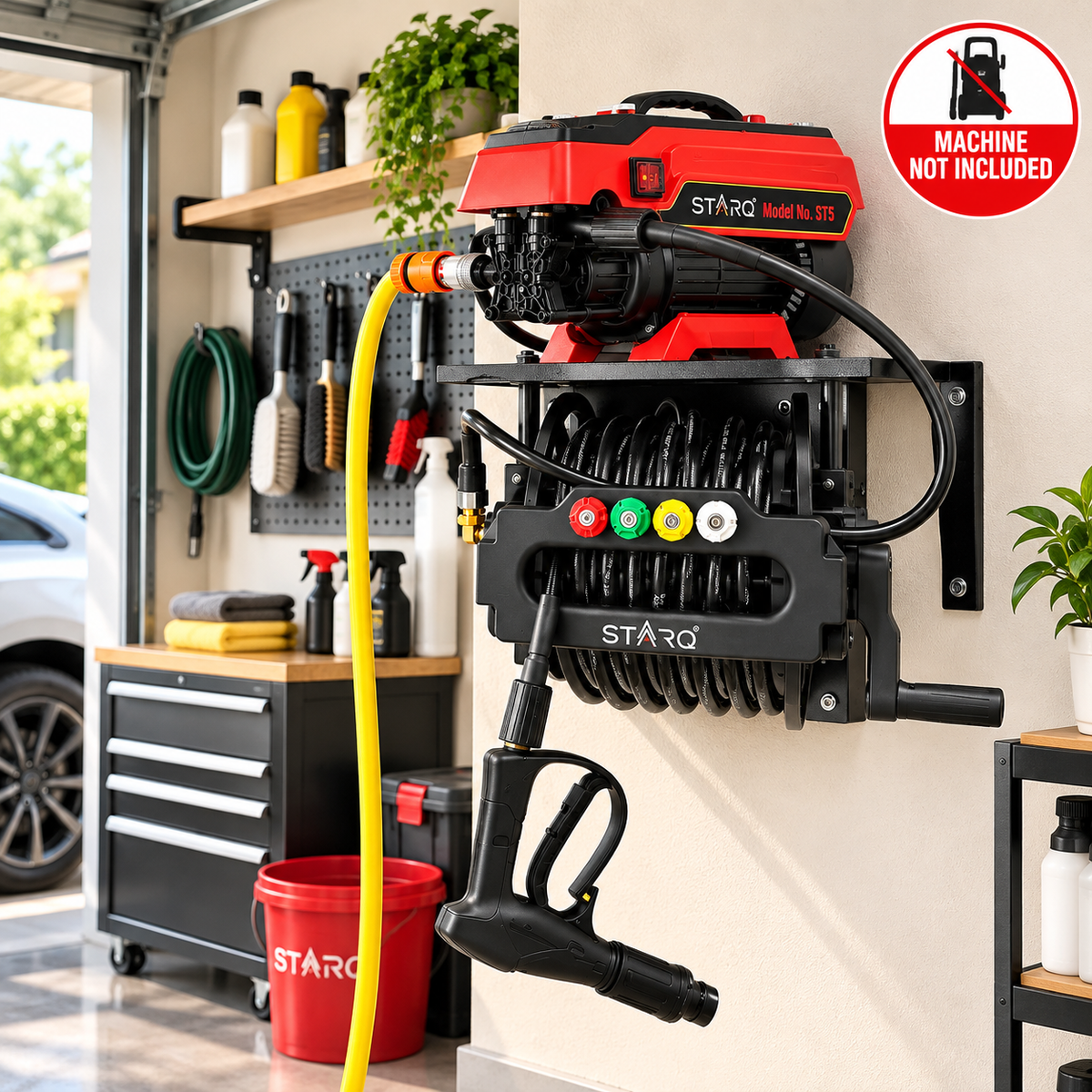 STARQ Wall Mounted Pressure Washer Stand with 15 Metre Hose Reel, Heavy Duty Metal Stand for Pressure Washer Accessories, Space Saving Wall Mount Storage for Home, Farmhouse, Car Detailing Centre & Workshop