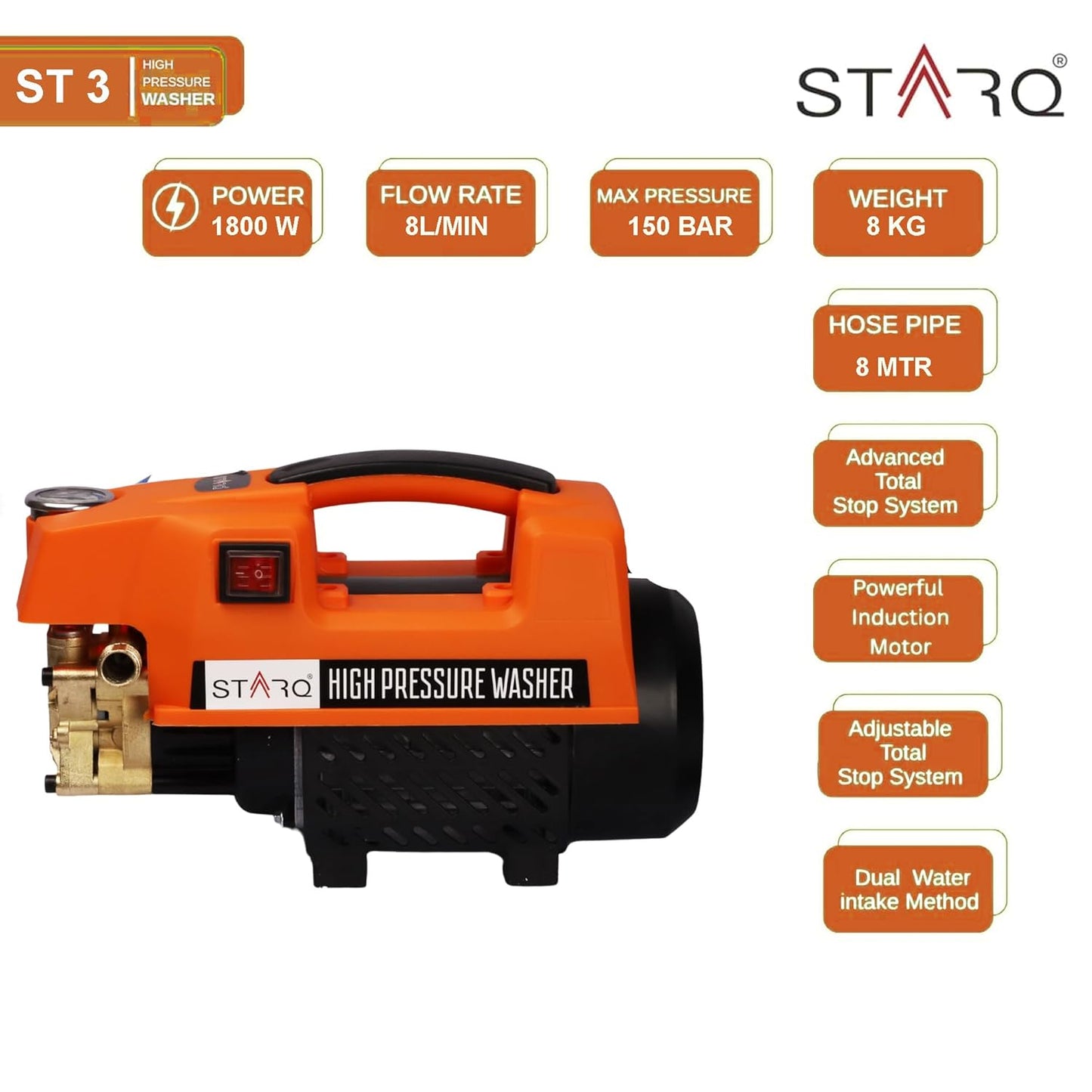 STARQ ST3 1800W Heavy Duty High Pressure Washer 150 Bar, 8L/Min Flow, Brass Coated Pump, Copper Motor Portable Car, Bike, Home, AC & Solar Cleaning Machine with Black Foam Canon (ST3 Combo)