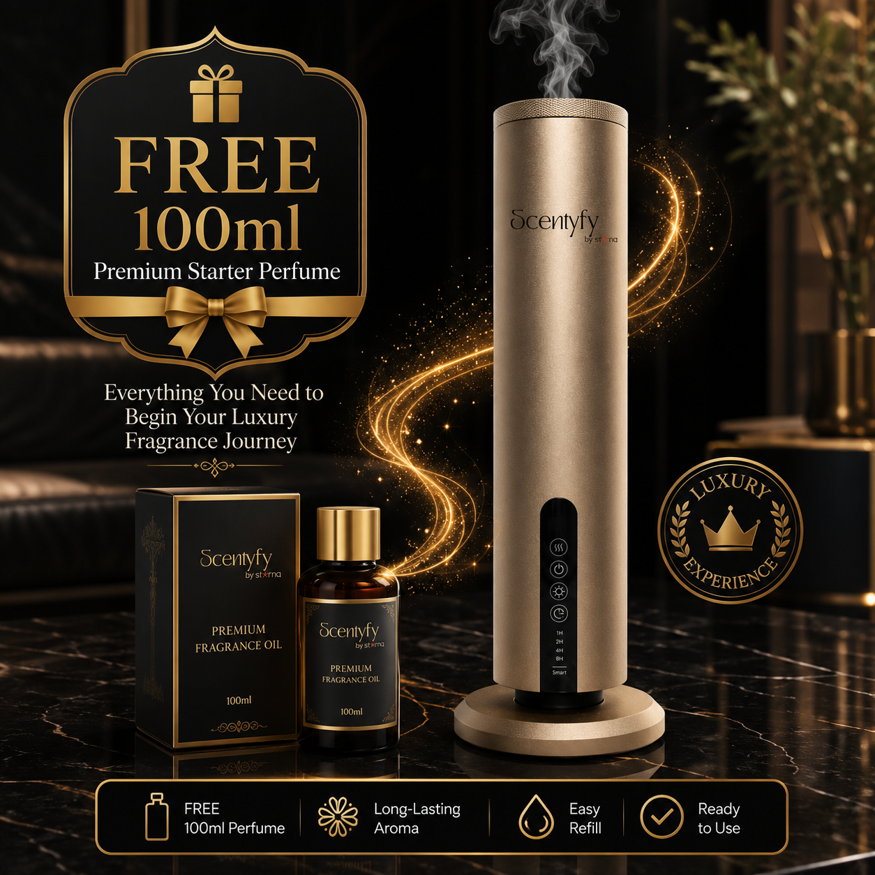 STARQ Aura Luxury Smart Air Scent Diffuser Waterless Aroma Machine Cold Atomization Ultra Quiet No Heat for Office Home Gym & Hotel Includes Complimentary 100ml Starter Pack Perfumes