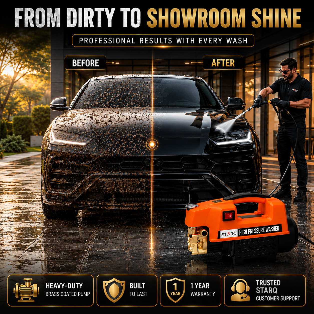 STARQ ST3 1800W Heavy Duty High Pressure Washer 150 Bar, 8L/Min Flow, Brass Coated Pump, Copper Motor Portable Car, Bike, Home, AC & Solar Cleaning Machine