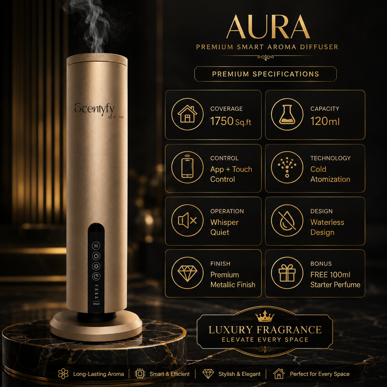 STARQ Aura Luxury Smart Air Scent Diffuser Waterless Aroma Machine Cold Atomization Ultra Quiet No Heat for Office Home Gym & Hotel Includes Complimentary 100ml Starter Pack Perfumes