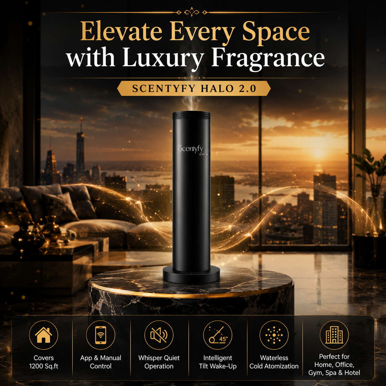 STARQ Halo 2.0 Luxury Smart Air Scent Diffuser Waterless Aroma Machine Cold Atomization Ultra Quiet No Heat for Office Home Gym & Hotel Includes Complimentary 100ml Starter Pack Perfumes