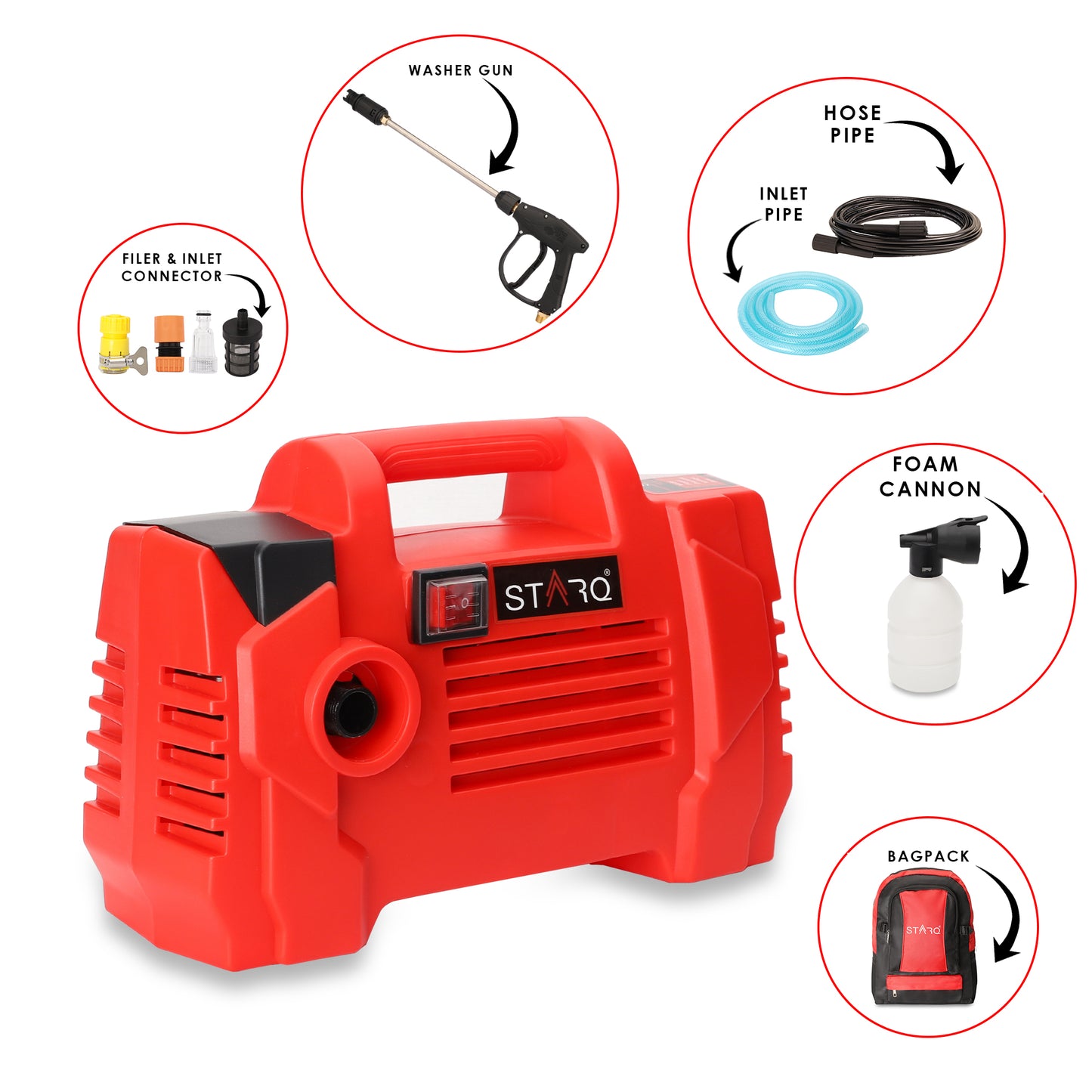 STARQ Jetpack | 150 Bar 1800W | Heavy Duty High Pressure Washer for Car, Bike, Home | Red | Bag Free