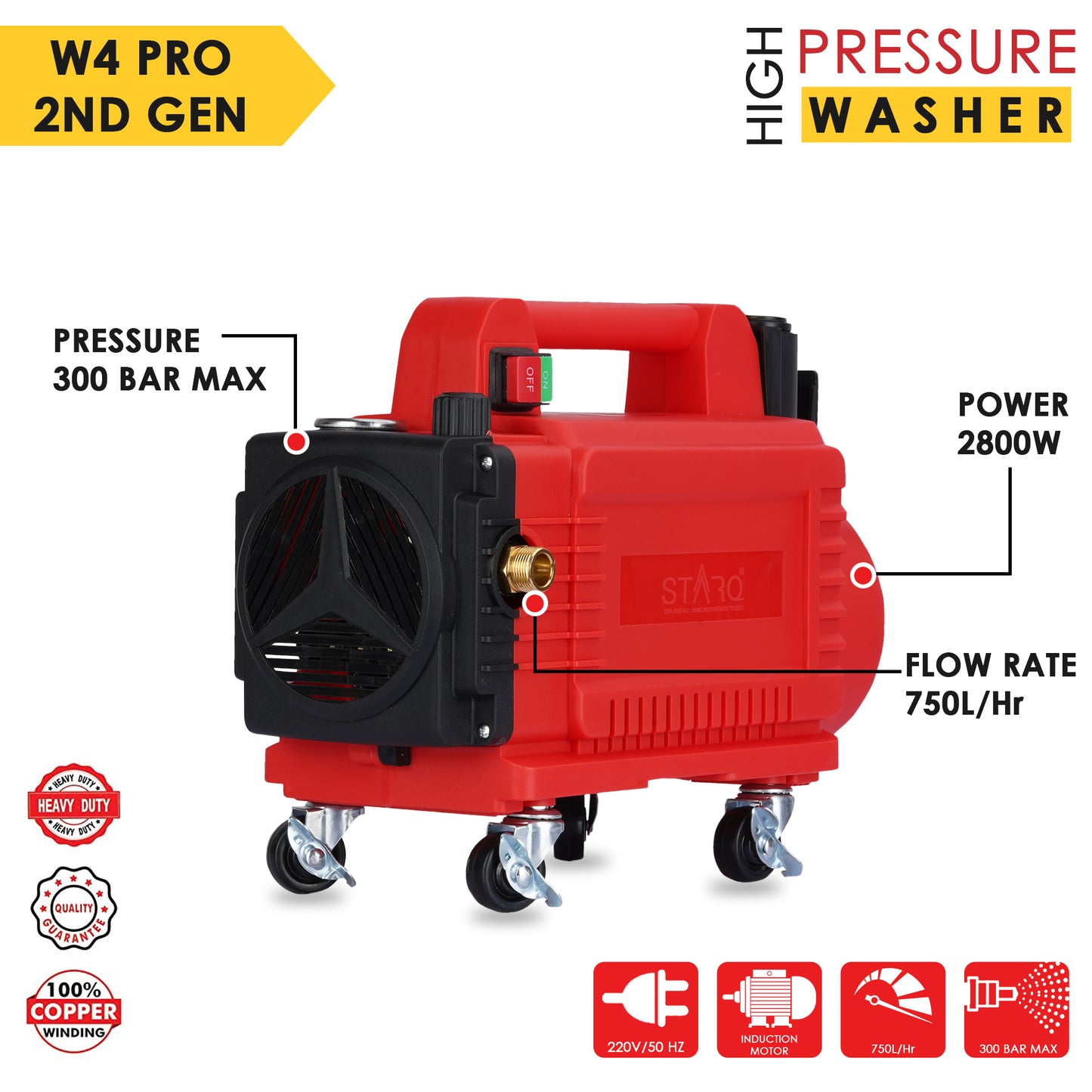 STARQ STW4 PRO 2nd GENERATION 2800 W Heavy Duty (0-300 Bar) Max 300 Bar car Pressure Washer with Pressure Control Knob and Wheels 1 Year Warranty [RENEWED]