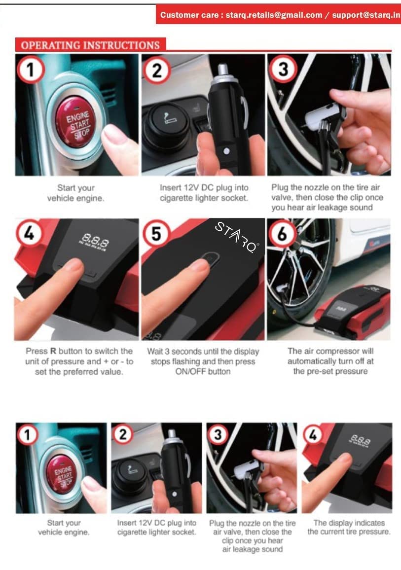 STARQ® Digital Car Tyre Inflator - 12V DC Portable Air Compressor with LED Light 200 Watts Upto 200Psi 1 Year Warranty(ST-TI-12A)