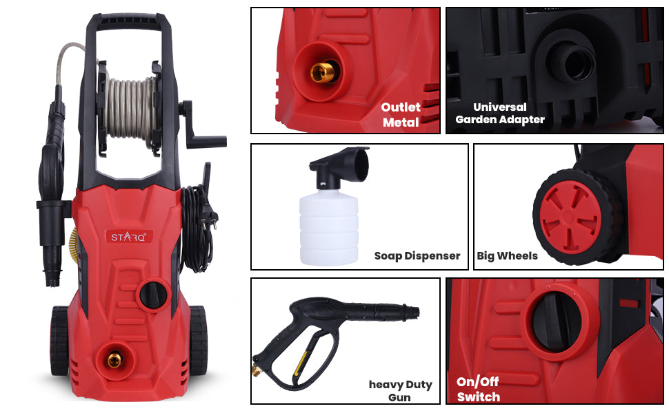 STARQ ST-2400U Watts 220 Bar Portable High Pressure Washer Universal Motor 1 Year Warranty Red Black 100% Copper Winding for Home, Car and Bike Washing