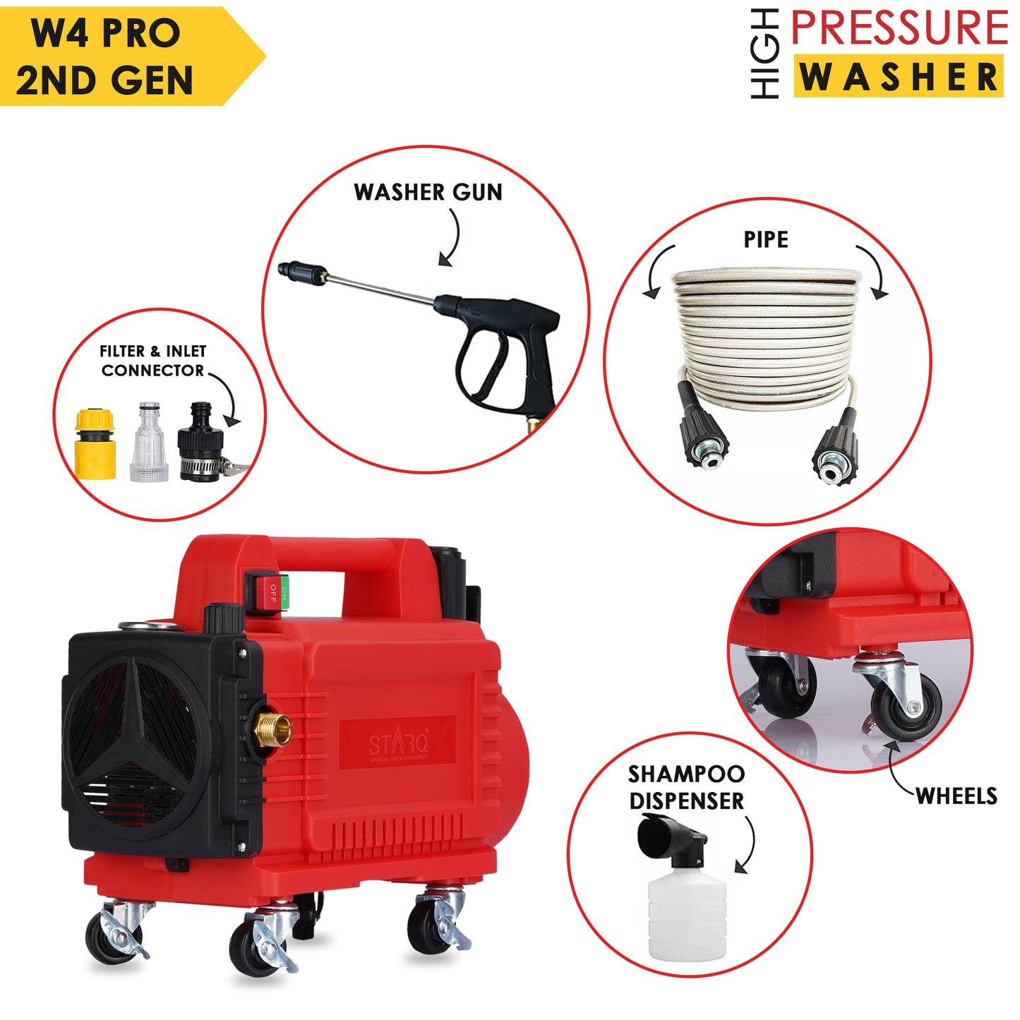 STARQ STW4 PRO 2nd GENERATION 2800 W Heavy Duty (0-300 Bar) Max 300 Bar car Pressure Washer with Pressure Control Knob and Wheels 1 Year Warranty [RENEWED]