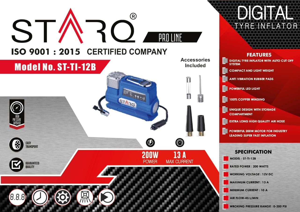 STARQ® Digital Car Tyre Inflator - 12V DC Portable Air Compressor with LED Light 200 Watts Upto 200Psi 1 Year Warranty(ST-TI-12B)