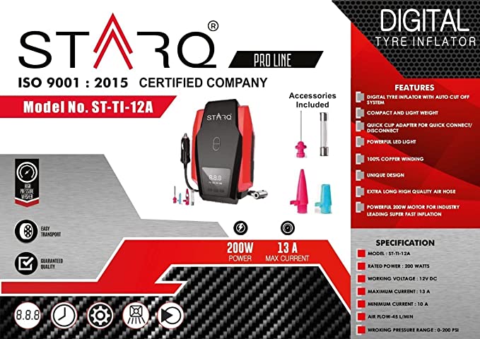 STARQ® Digital Car Tyre Inflator - 12V DC Portable Air Compressor with LED Light 200 Watts Upto 200Psi 1 Year Warranty(ST-TI-12A)