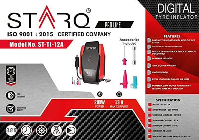STARQ® Digital Car Tyre Inflator - 12V DC Portable Air Compressor with LED Light 200 Watts Upto 200Psi 1 Year Warranty(ST-TI-12A)
