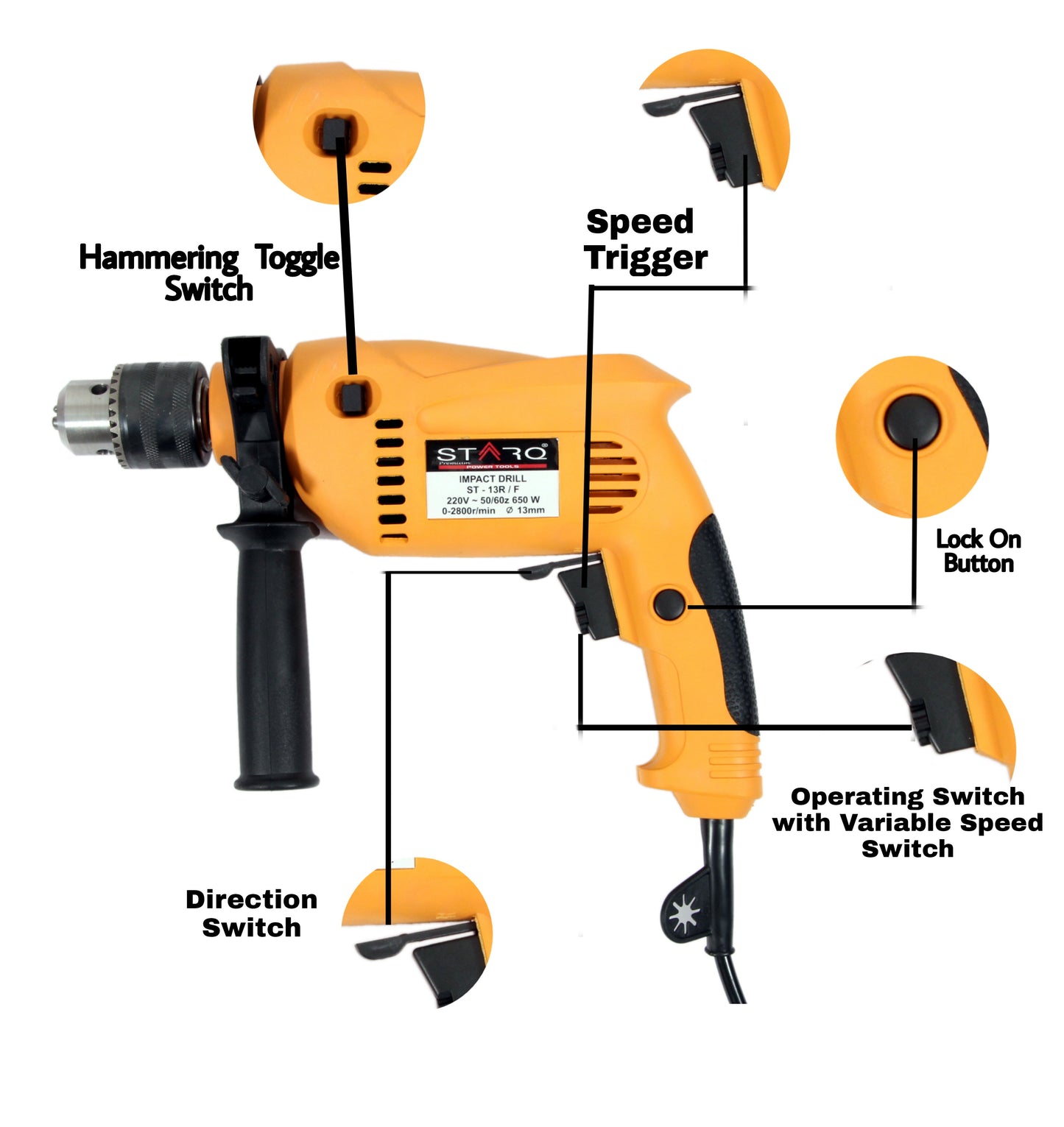 STARQ 13mm Impact Drill Machine Reversible Hammer Driver Variable Speed Screwdriver (Drill ONLY) Multi Color