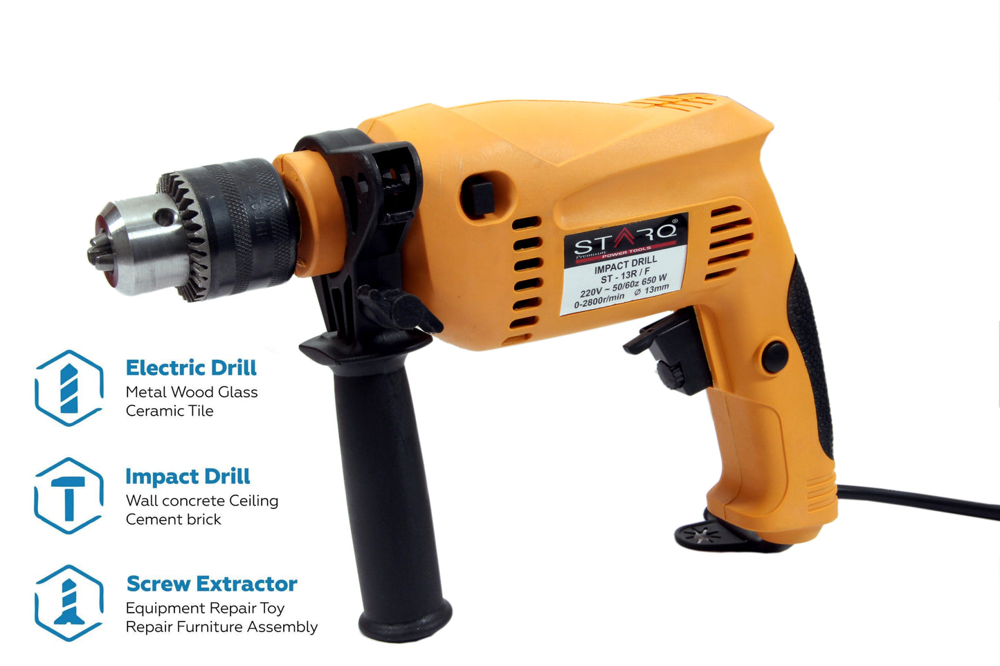 STARQ 13mm Impact Drill Machine Reversible Hammer Driver Variable Speed Screwdriver (Drill ONLY) Multi Color
