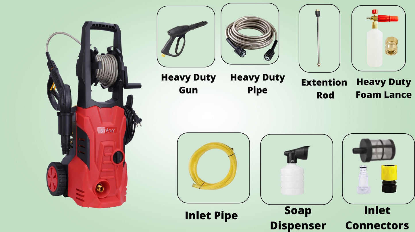 STARQ ST-2400U Watts 220 Bar Portable High Pressure Washer Universal Motor 1 Year Warranty Red Black 100% Copper Winding for Home, Car and Bike Washing
